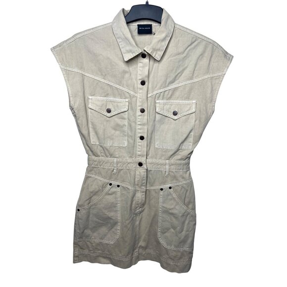 Miou Muse Utility Style Beige Cotton Romper With Button Front Pockets Medium - Picture 2 of 14